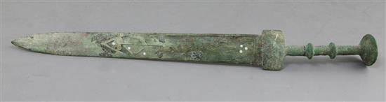 A Chinese wire inlaid bronze sword, Warring States style, 42.5cm handle repaired